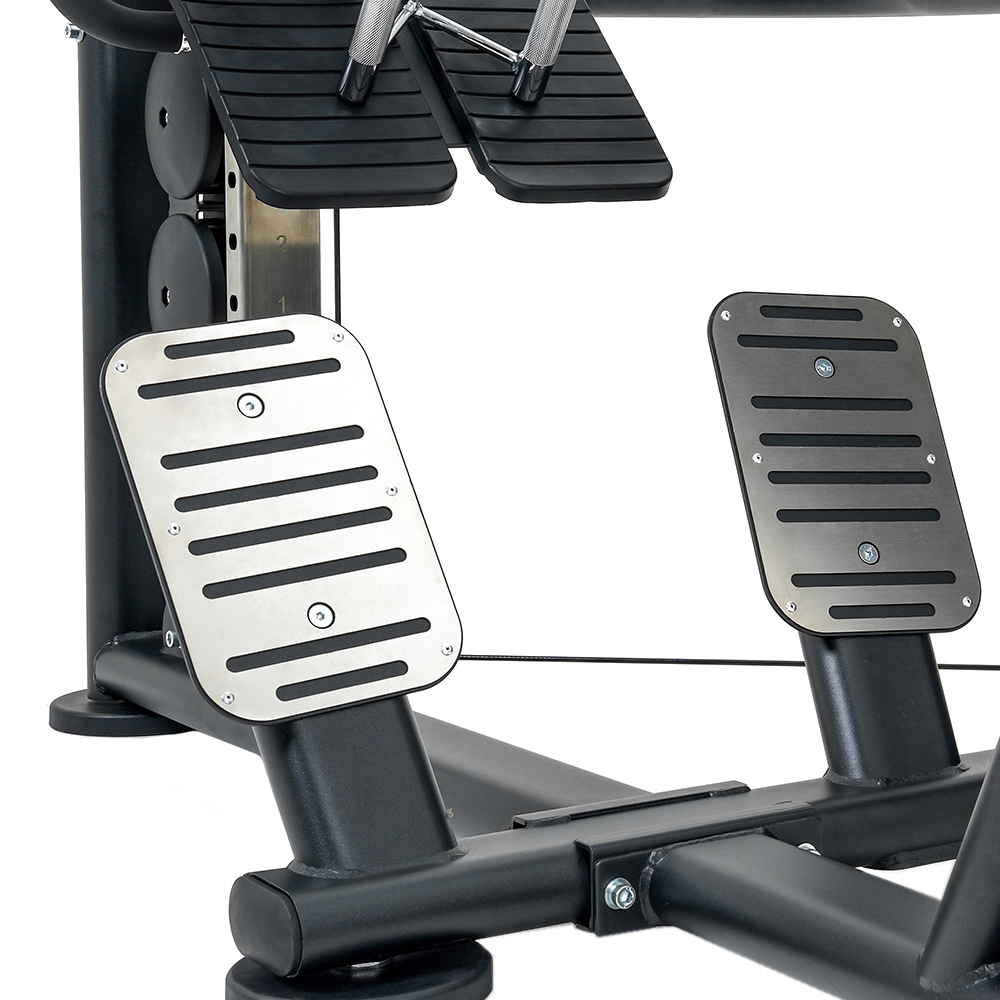 Close-up of aInsight Fitness Multi Pulley Row - BE8005 with foot platforms on a white background