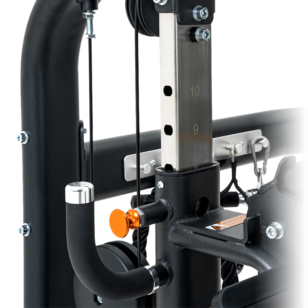 Close-up of Insight Fitness Multi Pulley Row - BE8005 with metallic components on a white background