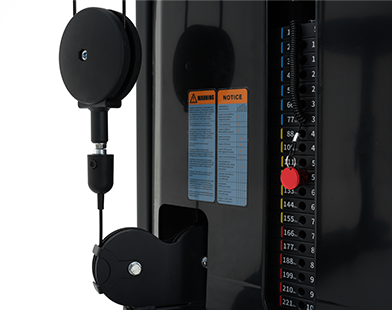 Close-up of a Insight Fitness Pec Fly / Rear Delt - SA003 with a warning label and control panel.
