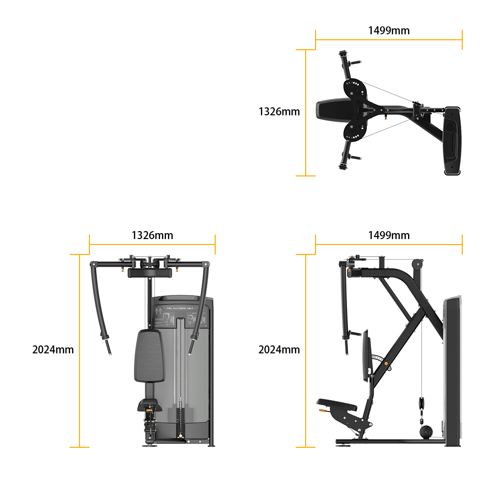 Dimensions of a piece of Insight Fitness Pectoral Fly & Rear Deltoid - BE8003 shown from different angles on a white background.