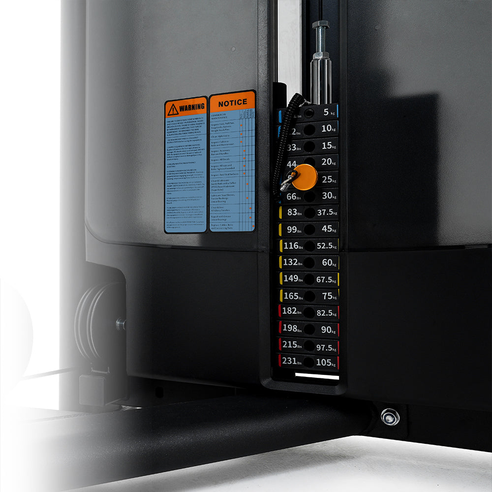 Close-up of a Insight Fitness Pectoral Fly & Rear Deltoid - BE8003 digital scale with measurement display and warning label.