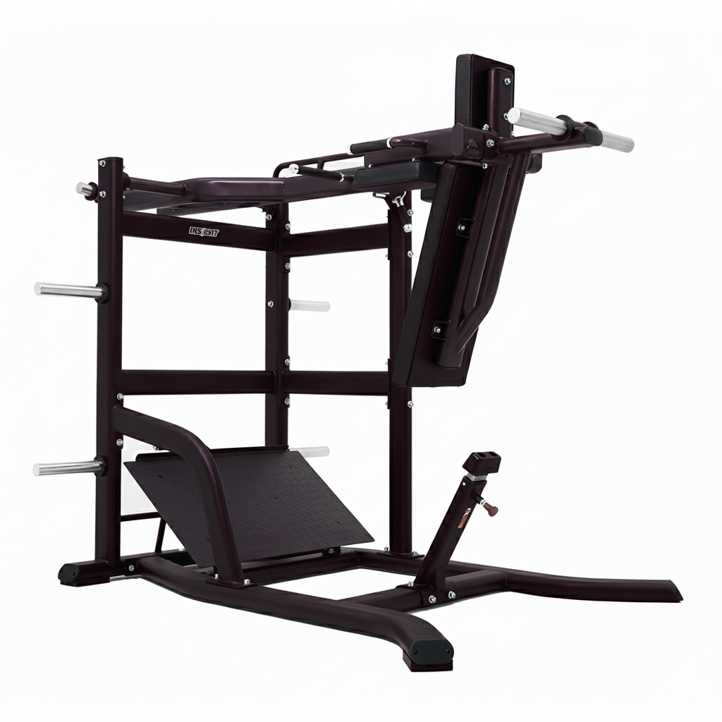 Insight Fitness Pendulum Squat - SH033 with adjustable height settings and a weight plate storage area.