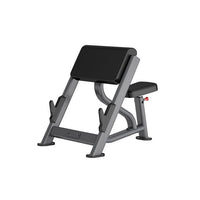 Thumbnail for Insight Fitness Preacher Curl bench with an adjustable seat and angled backrest, constructed from black PVC and aluminum, designed for gym use.