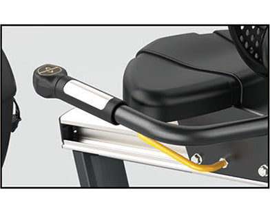 Close-up of a Insight Fitness Recumbent Bike - RR5 with a black cover and metal bracket on a light gray background.