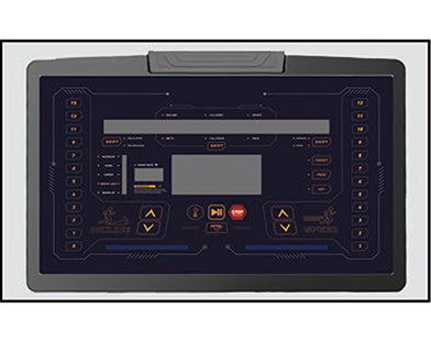 Insight Fitness Recumbent Bike - RR5 Control panel with digital display and buttons on a dark background