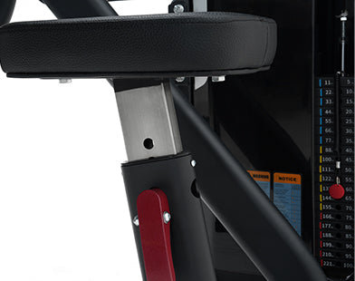 Close-up of aInsight Fitness SA Series Biceps Curl - SA006E seat with red accents on a white background