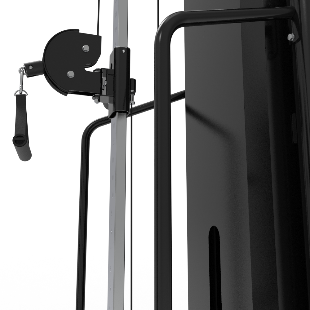 Close-up of a Insight Fitness SA Series Cable Crossover - SA022 with pulley system on a white background