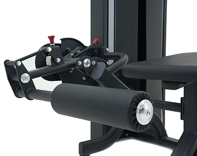 Close-up of a Insight Fitness SA Series Leg Curl - SA015D with metal components on a white background