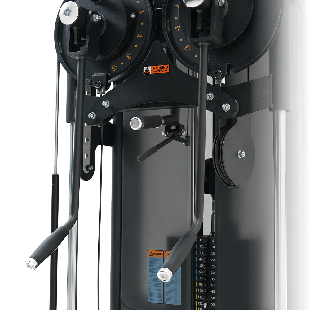 Close-up of a Insight Fitness Standing Multi Figsht - RE8034 with pulleys and weight settings on a white background