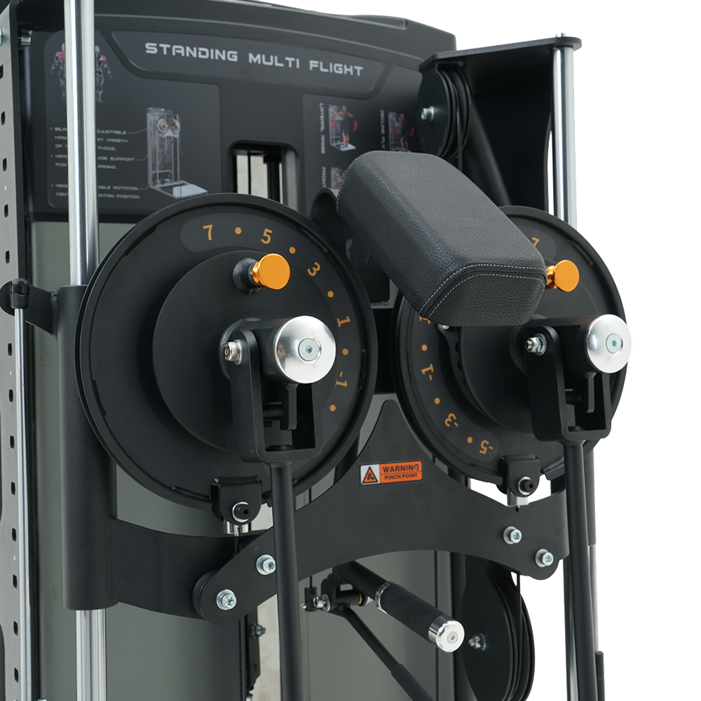Close-up of Insight Fitness Standing Multi Figsht - RE8034 with pulleys and control knobs on a white background
