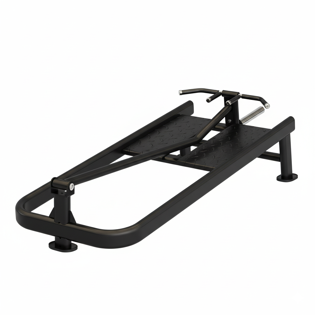 Black Pilates reformer on a white background