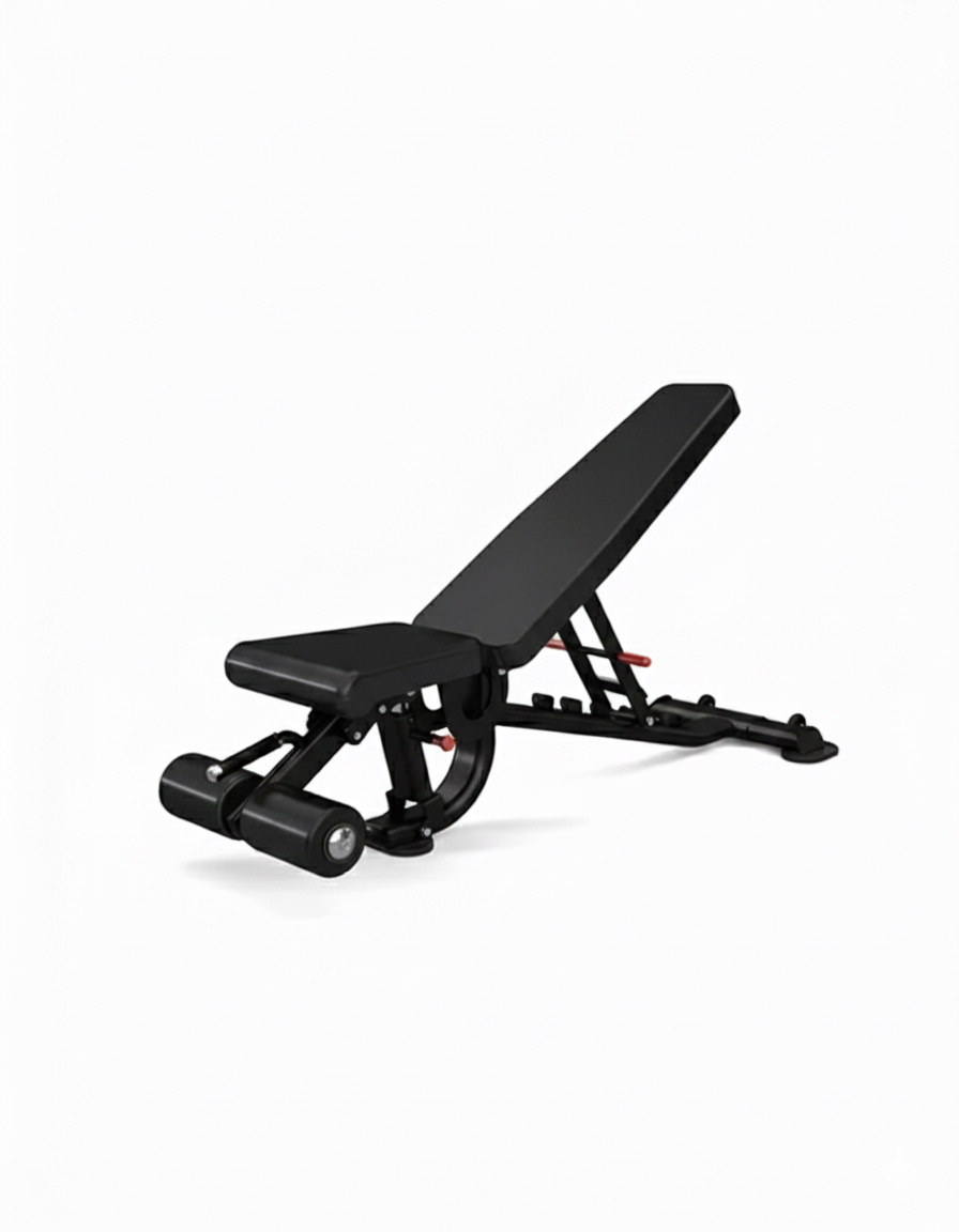 Insight Fitness Super FID Bench - BS020 bench with gray accents, designed for various workout positions, with padding and adjustable backrest.