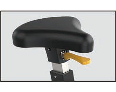 Black adjustable office chair seat with yellow lever on a clear background