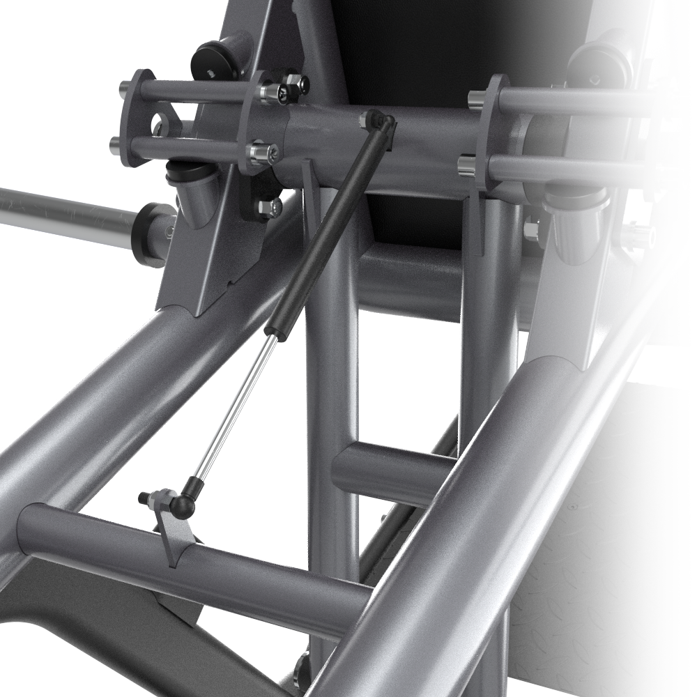 Close-up of a Insight Fitness V Squat - SH038 structure with various components on a white background