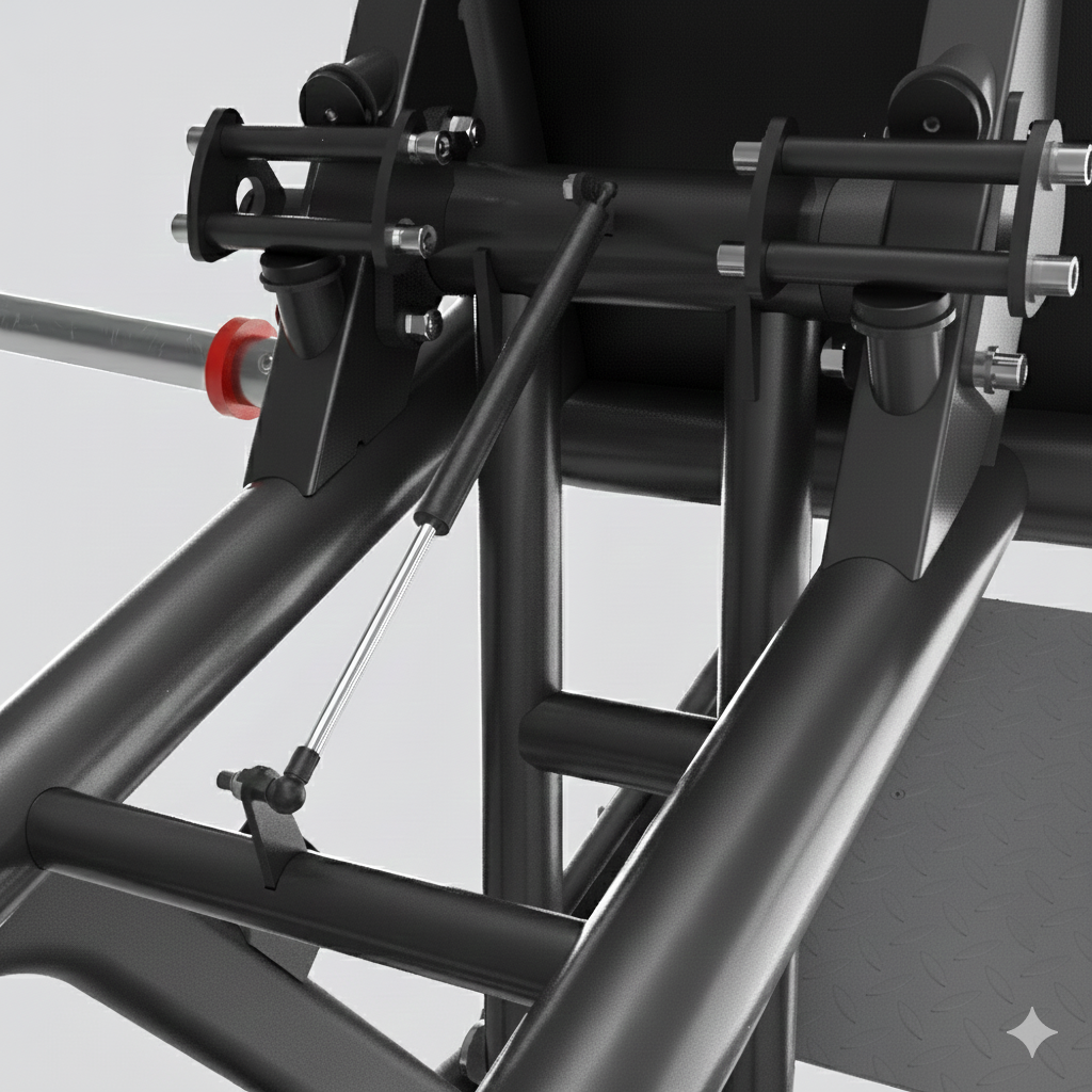 Close-up of a Insight Fitness V Squat - SH038 structure with various components on a white background
