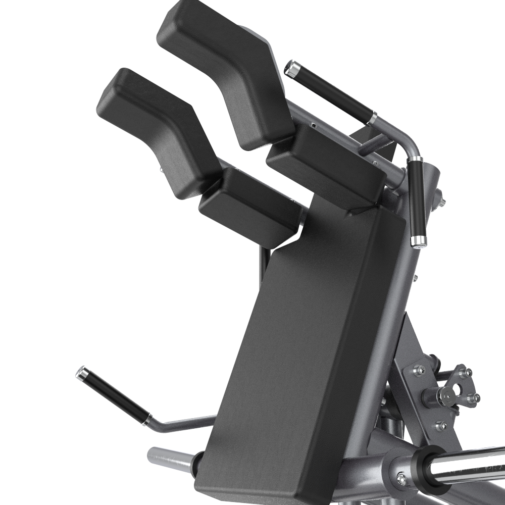 Close-up of a Insight Fitness V Squat - SH038 with metallic components on a white background