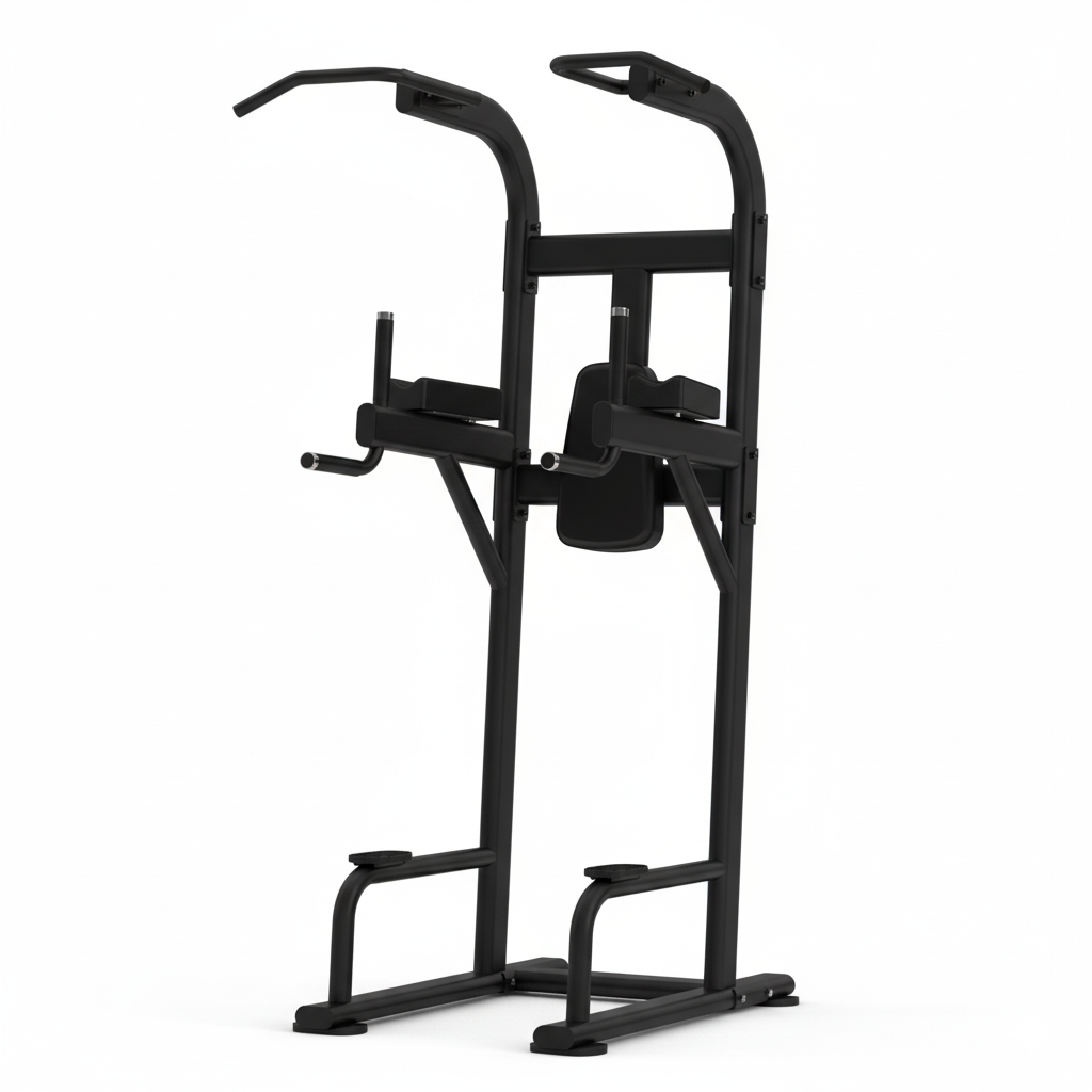 Black pull-up bar and dip station on a white background