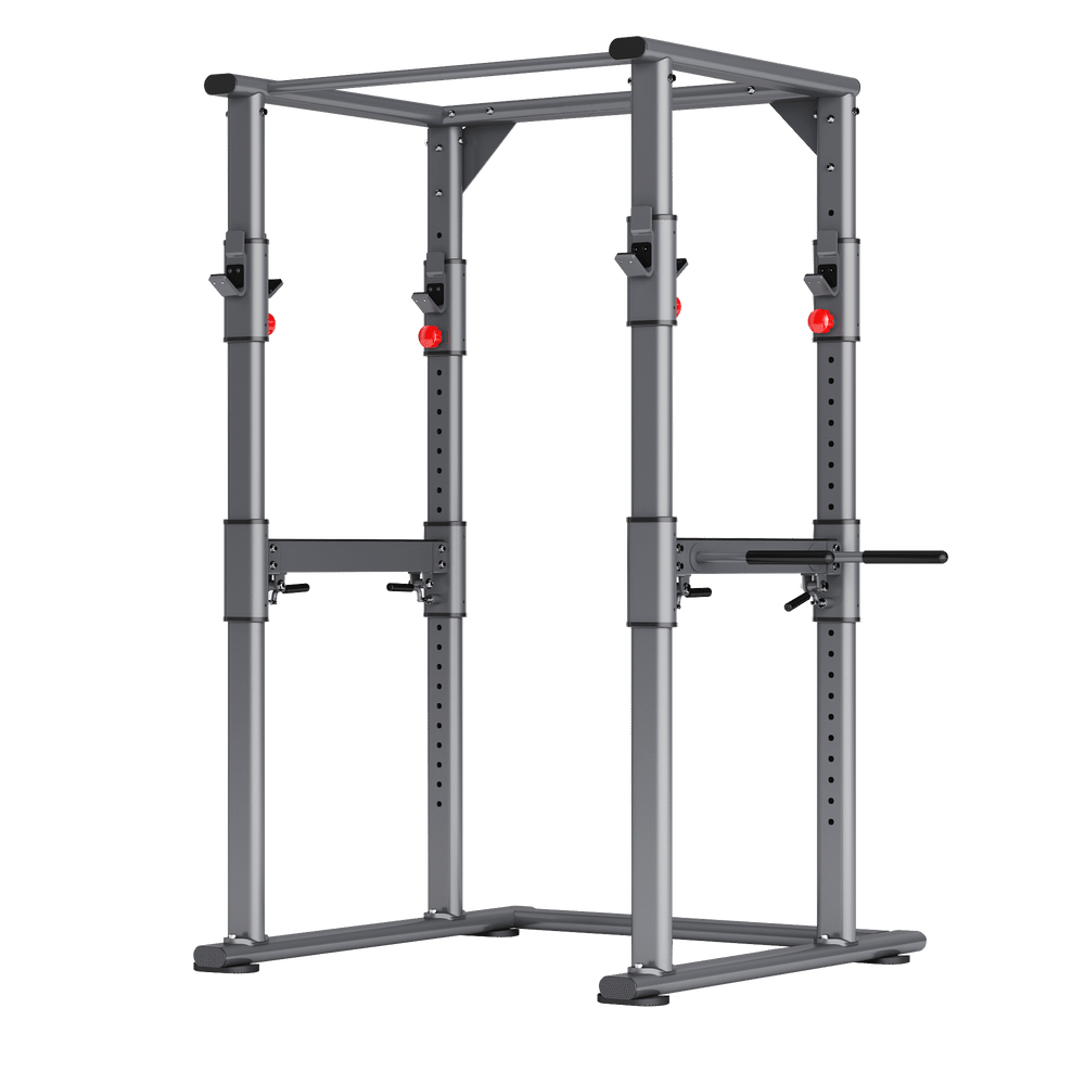 A heavy-duty steel frame power cage designed for strength training, featuring safety bars and J-hooks.