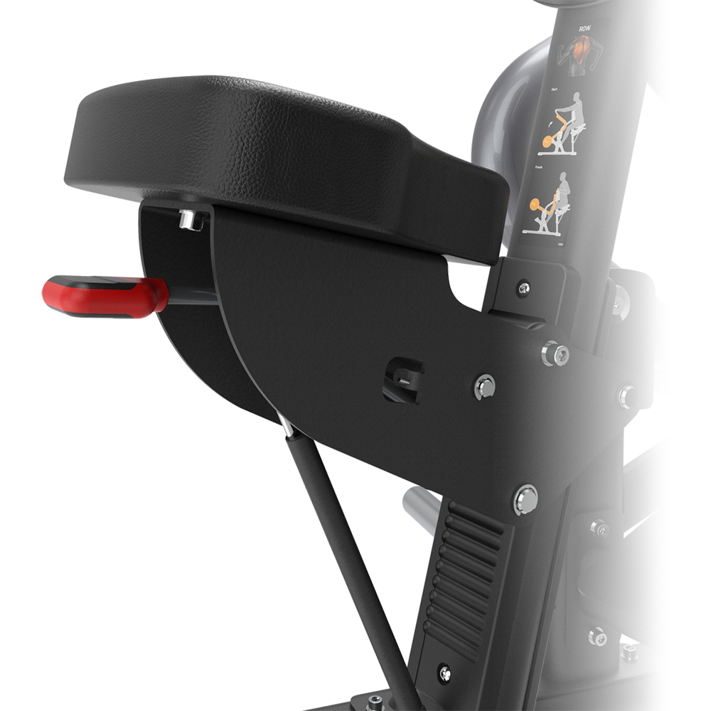 Close-up of a Insight Seated Row - SH005 seat with a red component on a white background