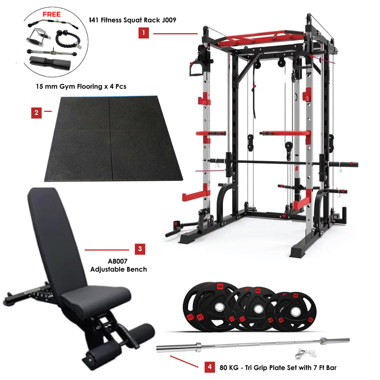 Combo Deal - 1441 Fitness Smith Machine with Functional Trainer J009 + 80kg Tri Grip Plate Set + Adjustable Bench A8007 + Flooring