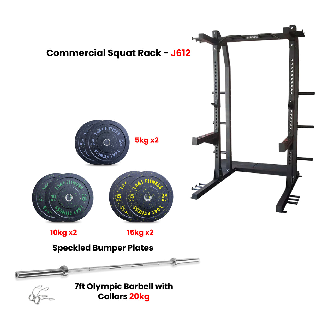 J612 Commercial Squat Rack with Platfrom and 80 KG Speckle Bumper Plates (Bundle)