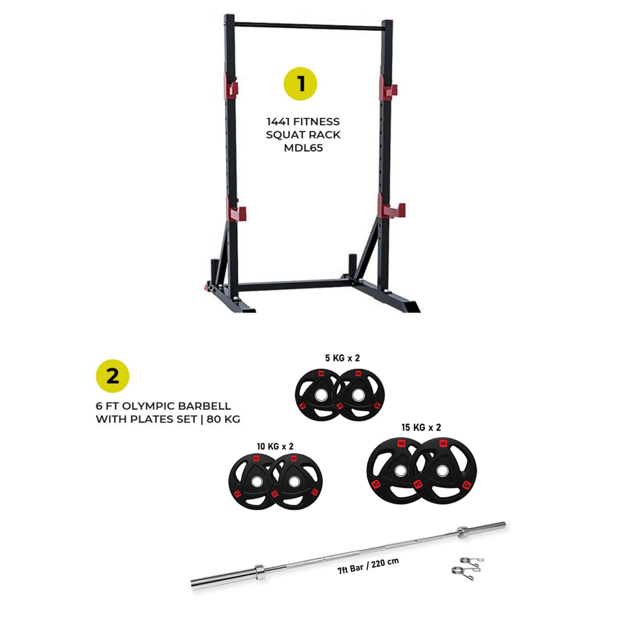 Combo Offer 1441 Fitness Squat Rack MDL65 with 7 Ft Bar with 80 Kg Tri Grip Plates Set