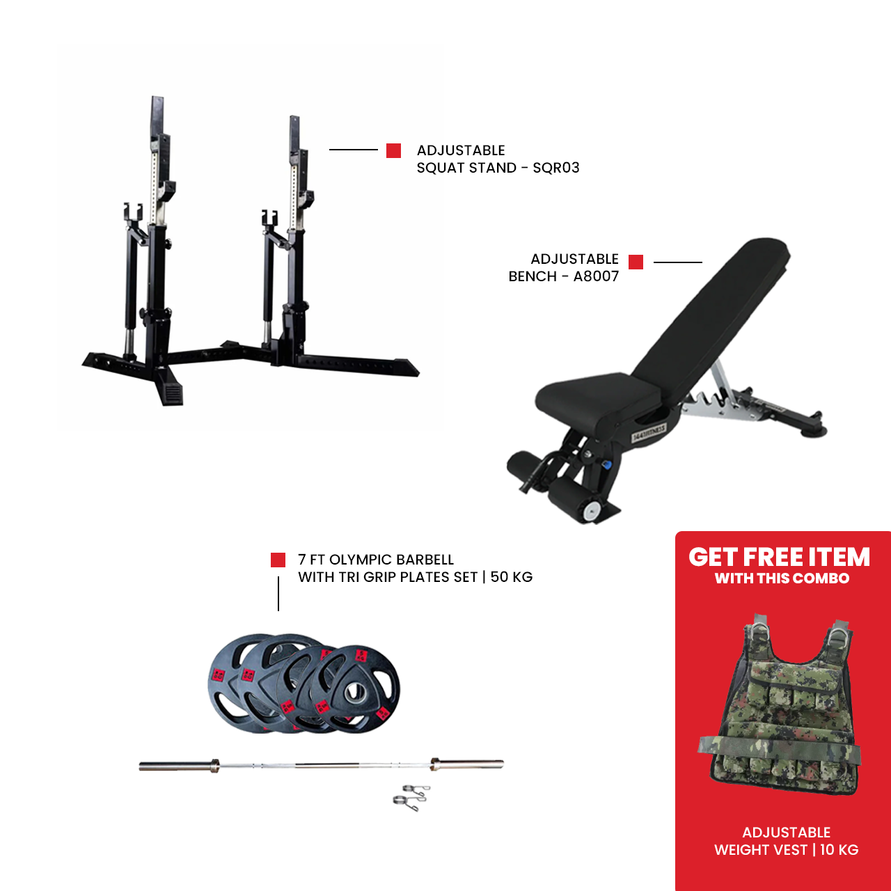 Adjustable bench A8007 for home gym workout 7 Ft Olympic Barbell with Tri Grip Plates Set | 50 kg  Adjustable Squat Stand - SQR03
