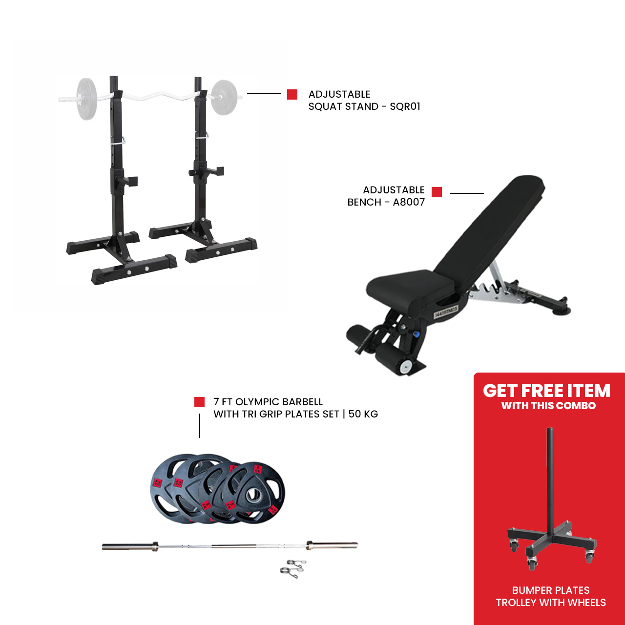 Adjustable bench A8007 for home gym workout 7 Ft Olympic Barbell with Tri Grip Plates Set | 50 kg  Adjustable Squat Stand - SQR01