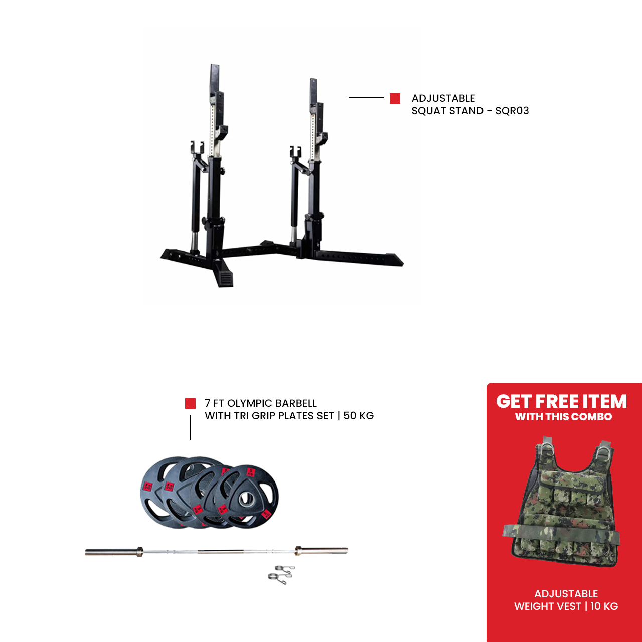 Adjustable Squat Stand - SQR03 7 Ft Olympic Barbell with Tri Grip Plates Set | 50 kg