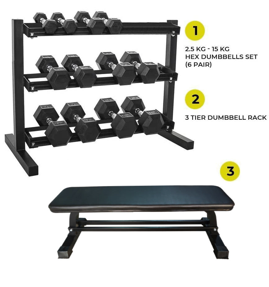 Combo Offer - Hex Dumbbell Set 2.5 Kg to 15 Kg with Dumbbell Rack + Flat Bench A0011