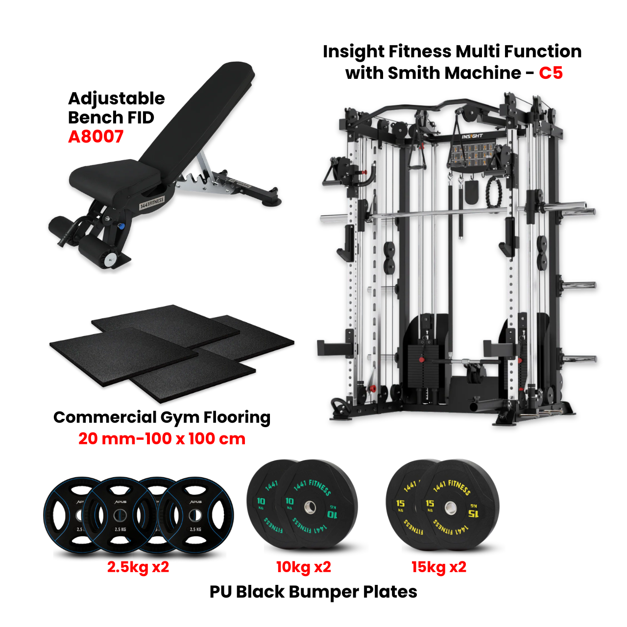 Insight Fitness Multi Function Smith Machine C5 with Rubber Flooring, PU Black Bumper Plates & A8007 Bench - Bundle Offer