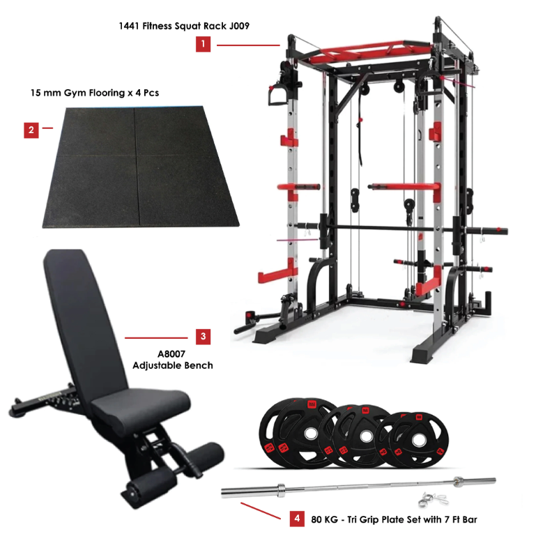 Multi Function Machine with 80 Kg Plate set, Adjustable Bench & Flooring