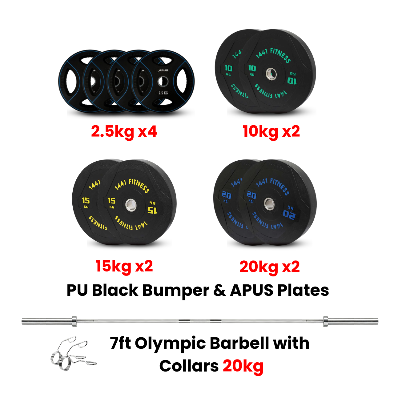 PU Black Bumper Plates with 7 Ft Bar - 120 Kg Set - Bundle Offer