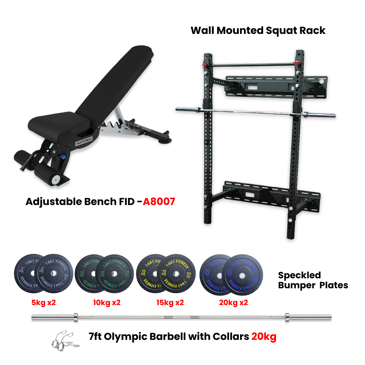1441 Fitness Wall Mounted Squat Rack, Bumper Plate with Bench A8007 - Bundle Offer