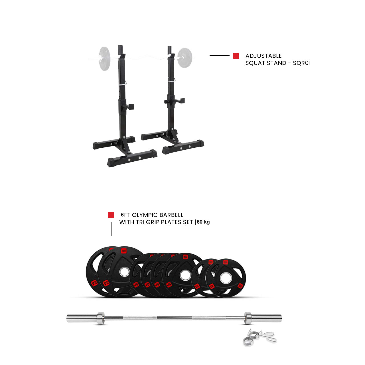 SQR01 Adjustable Squat and 60 KG Tri Grip Plates with 6 Ft Bar  (Bundle)