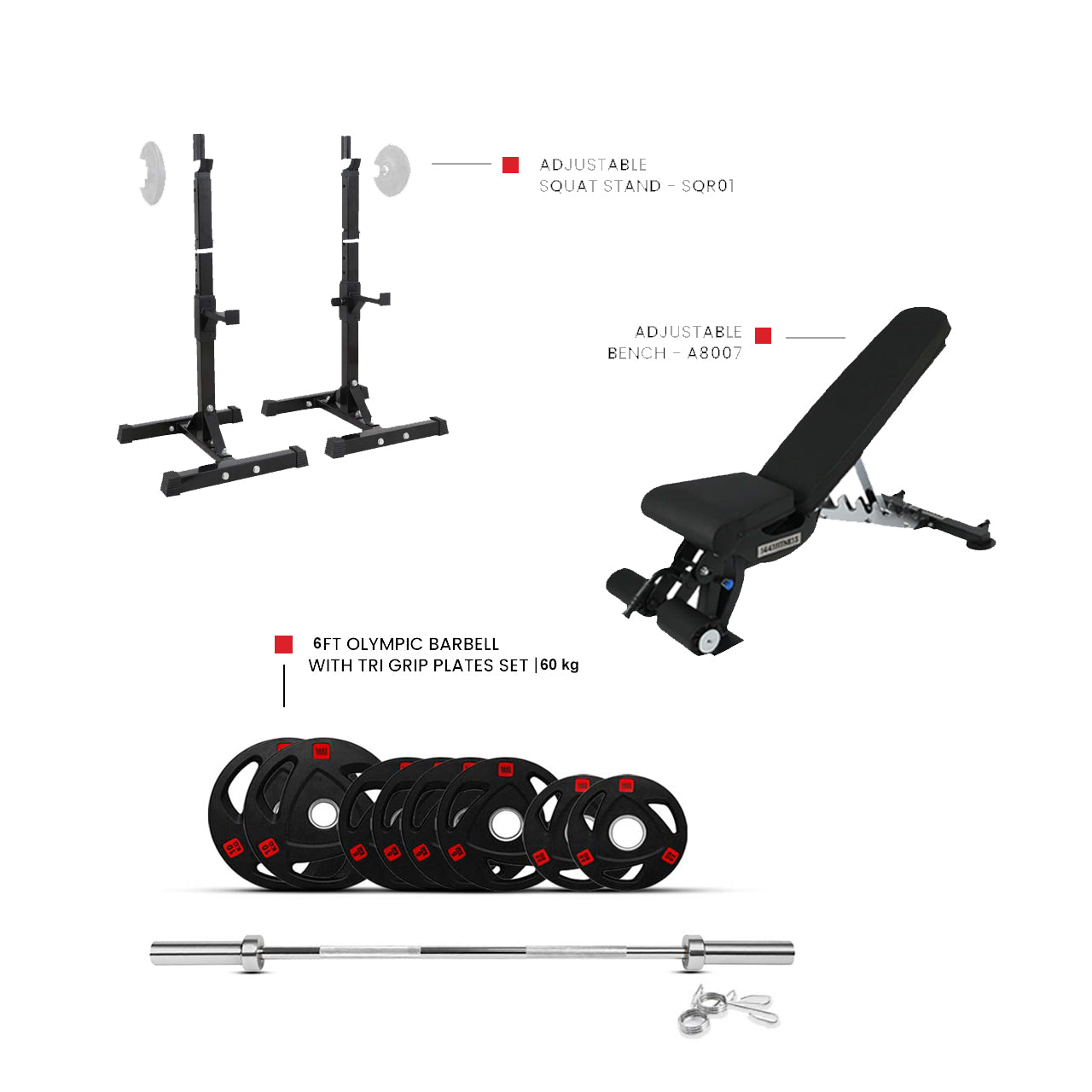 Adjustable Squat Rack - SQR01 with 60 KG Tri Grip Plates and A8007 Bench (Bundle)