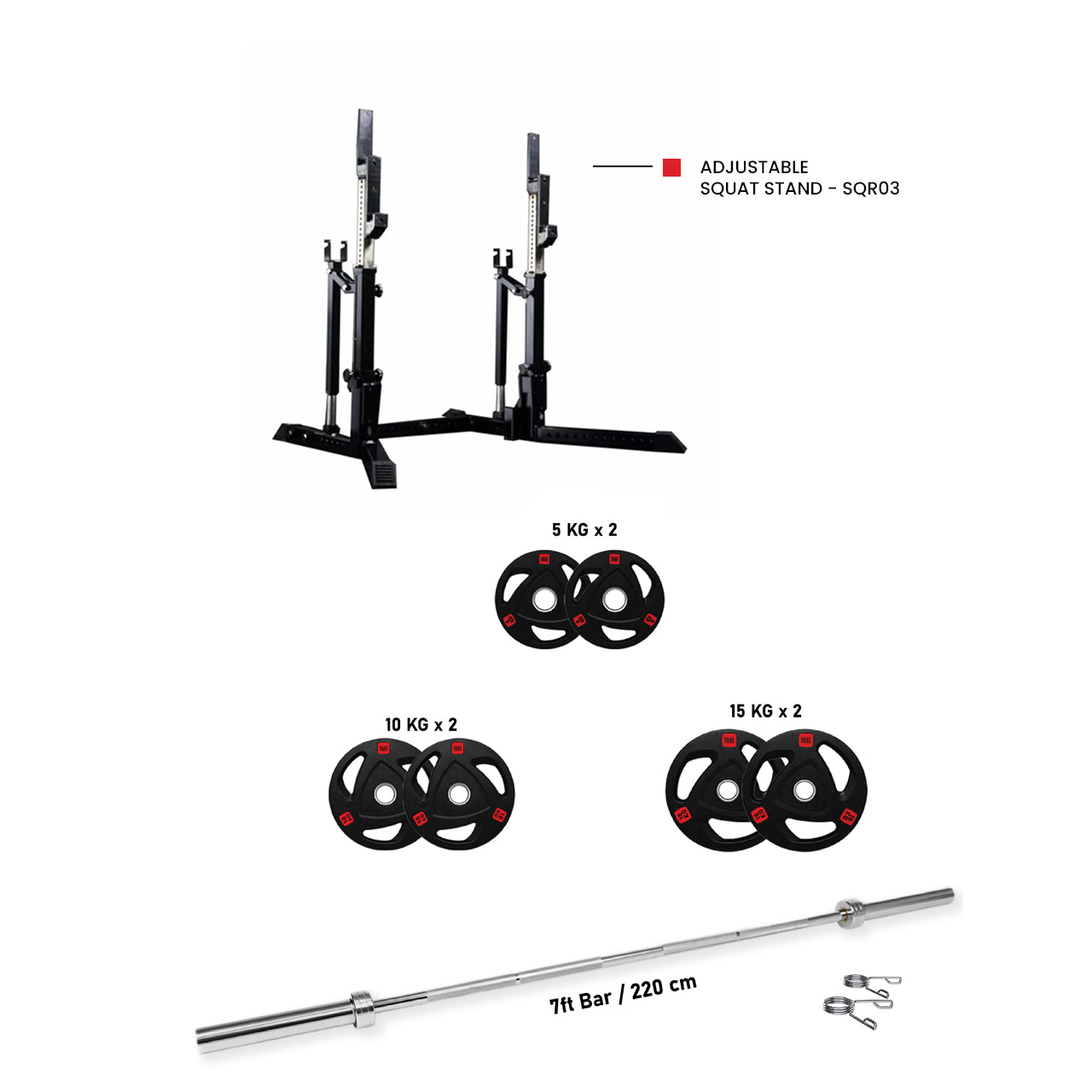 SQR03 Adjustable Squat Rack and Tri Grip Plates with 7 Ft Bar 80 KG Set (Bundle)