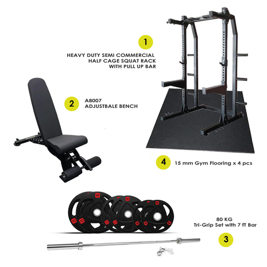 Combo Offer Half Cage Squat Rack J611 80kg Tri Grip Plate Set with Adjustable Bench A8007 4 Gym Tile 15 MM