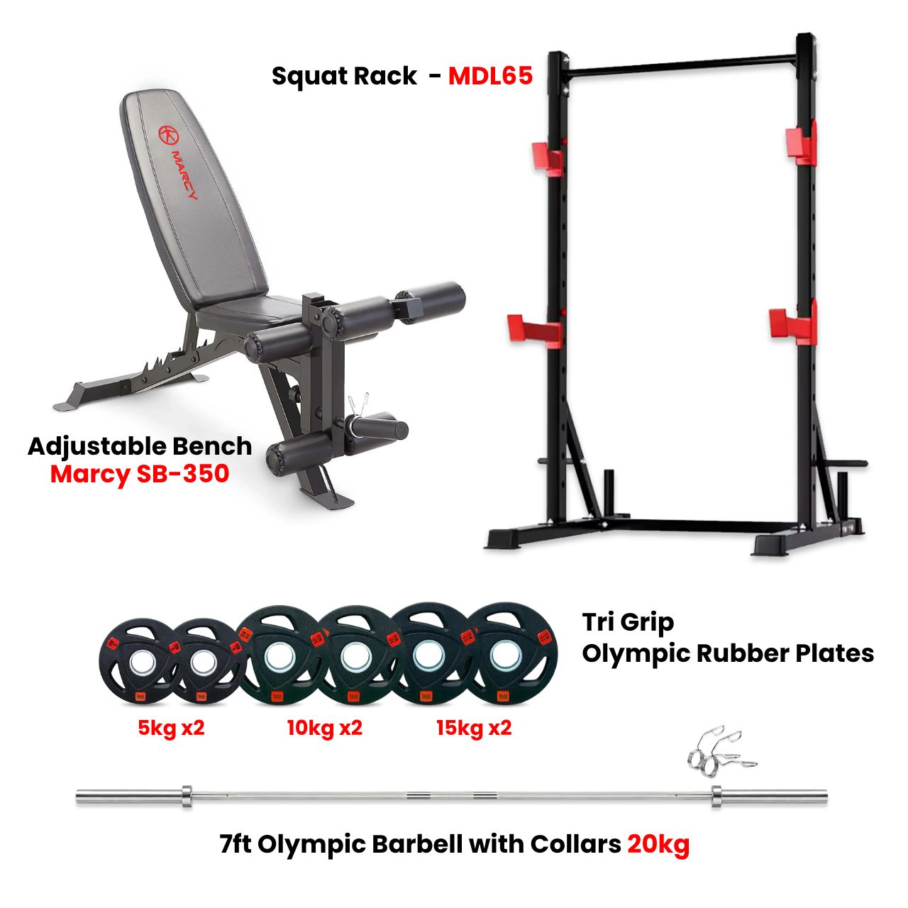 MDL 65 Squat Rack Combo with Plates and Bench - Bundle Offer