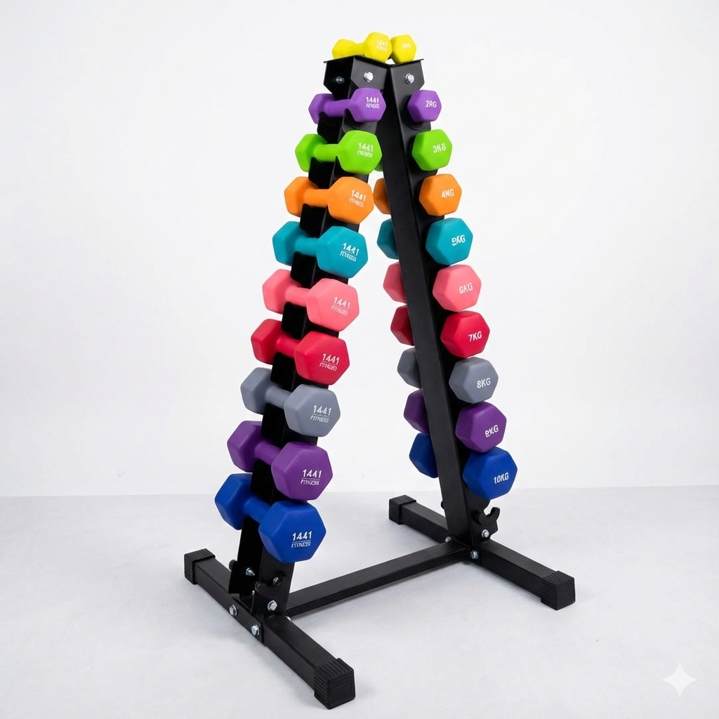 1441 Fitness Neopene Dumbbells Set 1 Kg to 10 Kg with Vertical Rack - Bundle Offer