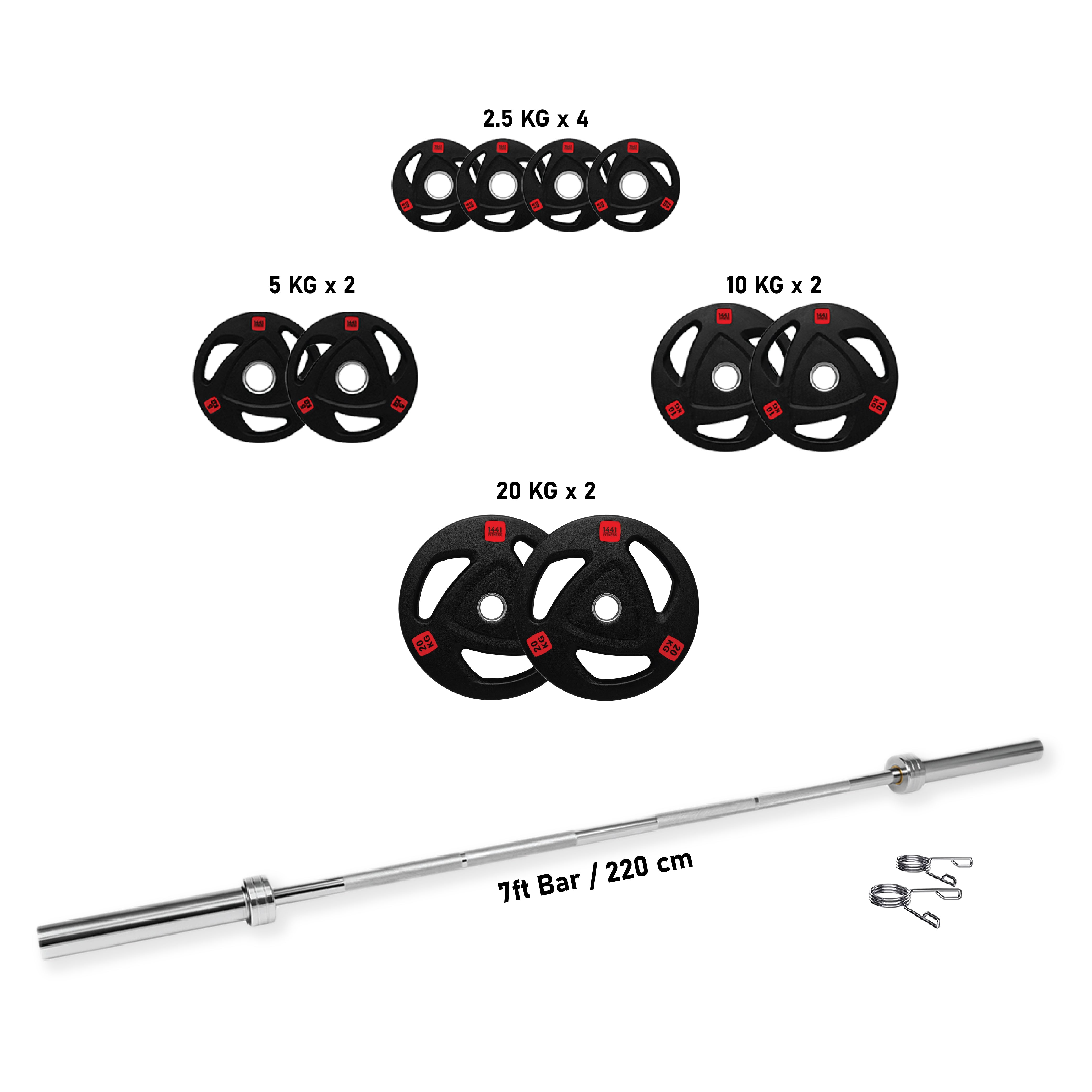 1441 Fitness 7  ft Olympic Bar with Tri Grip Black Olympic Plates Set | 100 kg