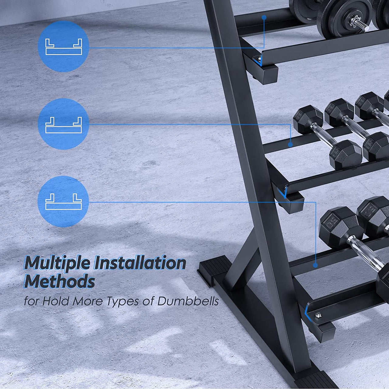 10 Pair Dumbbell Rack-features multiple installation methods to hold more dumbbells