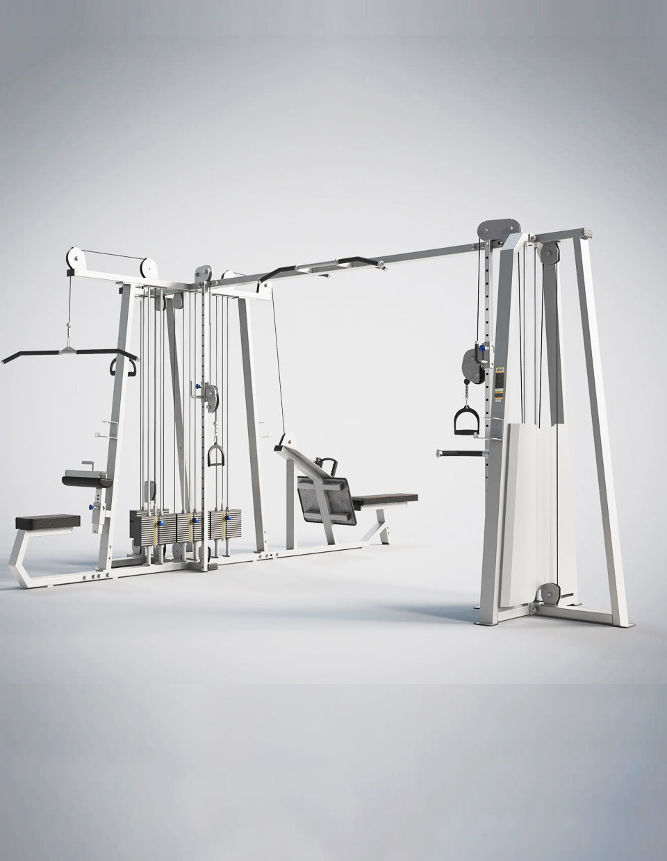 DHZ Fitness Multi Station 5 Stack - U3066 with various weight stacks and stations for different exercises, predominantly in silver color.