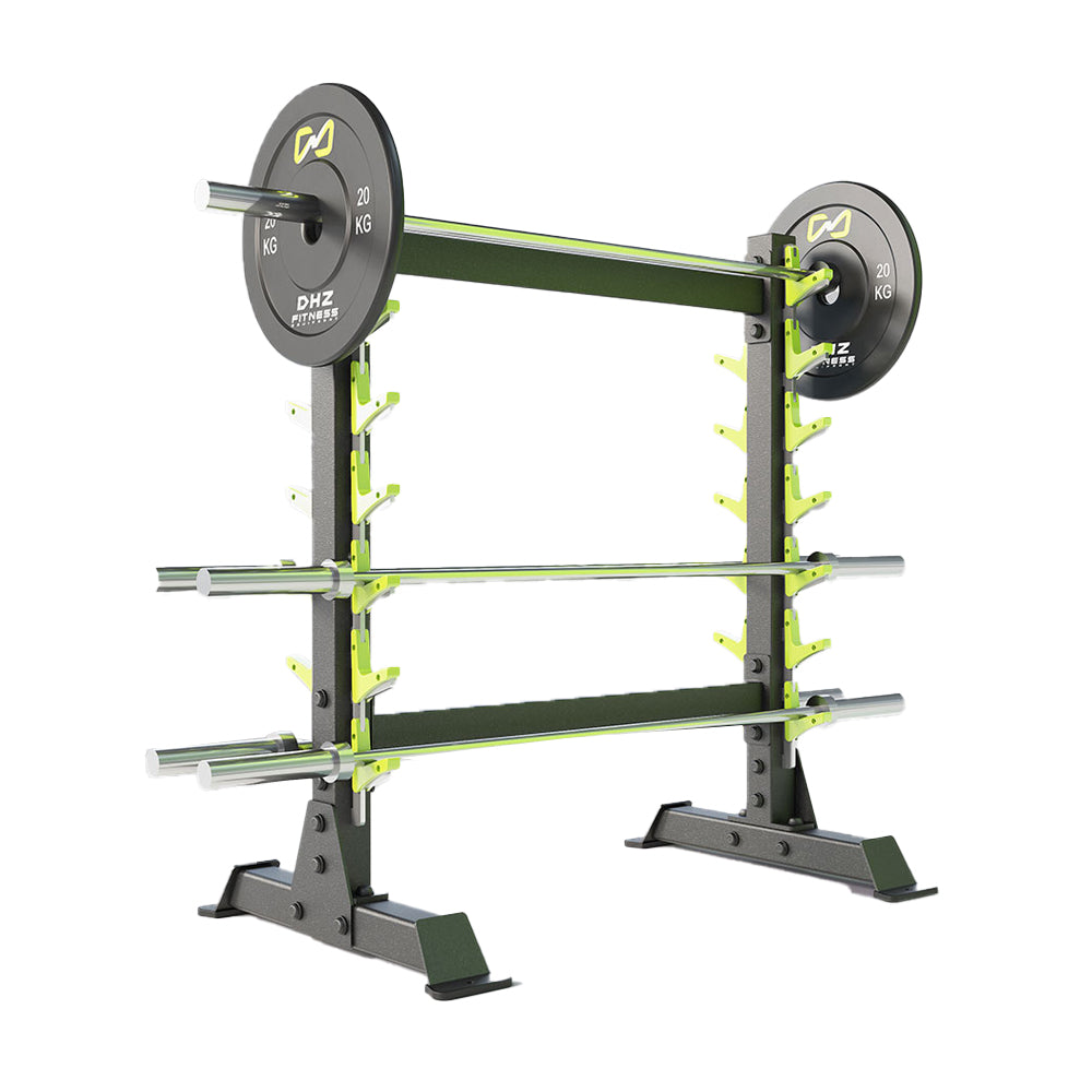A double-sided DHZ Fitness Olympic Bar Rack - E6231 with black and green color accents, designed to hold multiple Olympic barbells.