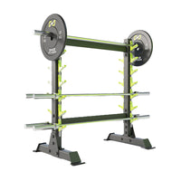 Thumbnail for A double-sided DHZ Fitness Olympic Bar Rack - E6231 with black and green color accents, designed to hold multiple Olympic barbells.