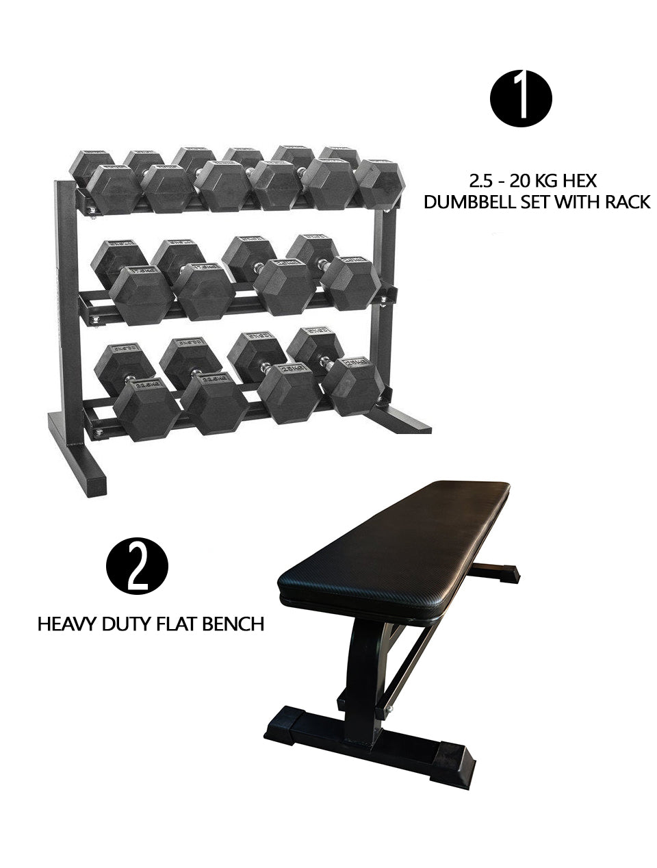 Combo Offer - Hex Dumbbell Set 2.5 Kg to 20 Kg with Dumbbell Rack and Flat Bench A0011