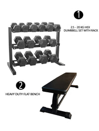 Thumbnail for Combo Offer - Hex Dumbbell Set 2.5 Kg to 20 Kg with Dumbbell Rack and Flat Bench A0011